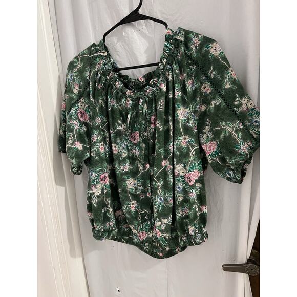 Lane Bryant Green Floral Button Up Balloon Waist Top Sz 14/16 Cropped Boho - Picture 1 of 7